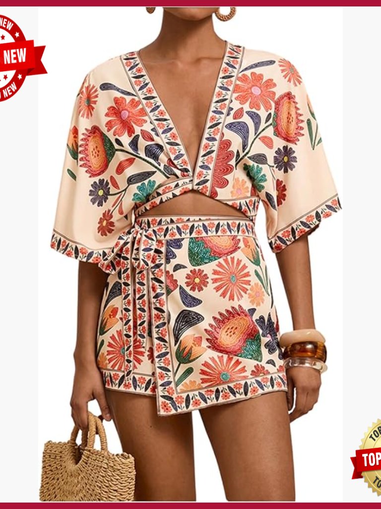 Small Polyester Blend 2-Piece Set Half Sleeve Crop Blouse Wrap Skirt Boho